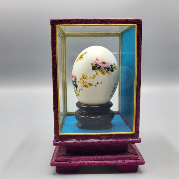 Vintage Chinese Hand Painted Decorative Egg In Display Case Floral Butterfly - Picture 6 of 12